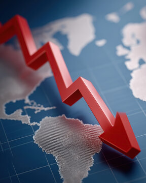 Red arrow pointing downward on world map background depicting global financial crisis
