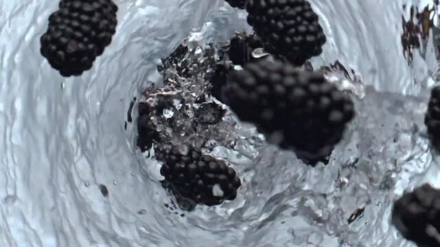 Blackberry Fruits Swirling Inside A Vortex Of Crystal Water
