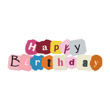 Colorful happy birthday cutout letters arranged as a festive greeting message for party invitations isolated on transparent background