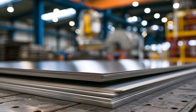 Medium shot focusing on stainless steel sheets showcasing durability and suitability for heavy-duty applications in a workshop setting