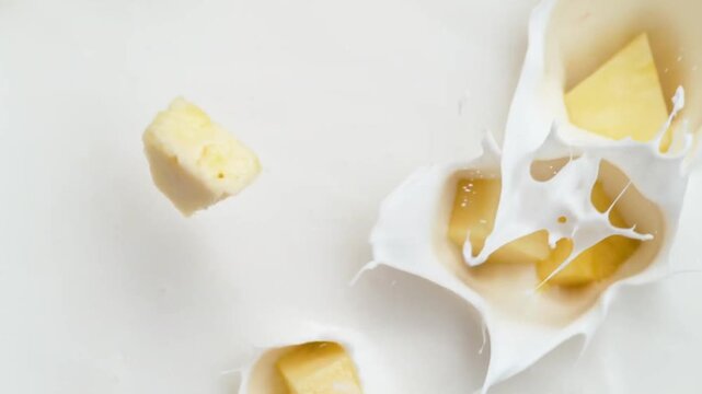 Chunks of fresh sweet yellow pineapple dropping down into smooth white cream