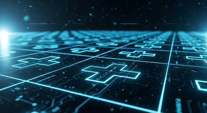 Abstract digital grid with glowing blue plus signs and circuit board patterns.