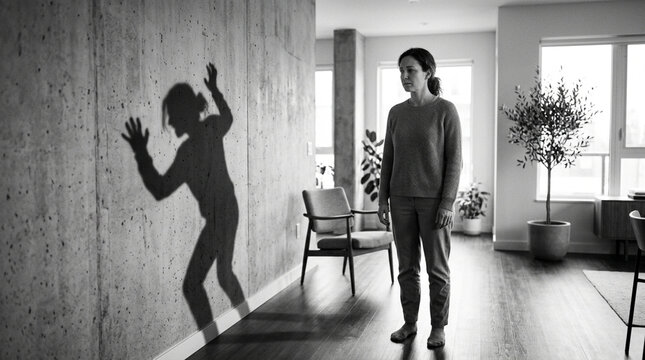 Woman With Shadow Reflection on Wall, Abstract, Fear, Mental Health, Concept