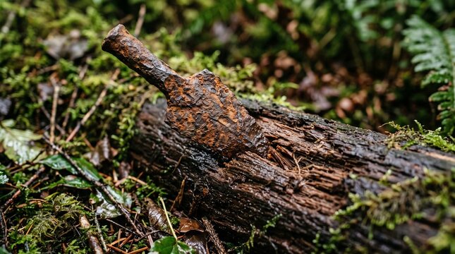 Ancient rusted arrowhead embedded in decaying wood. Weathered hunting artifact lodged in aged timber log outdoors.