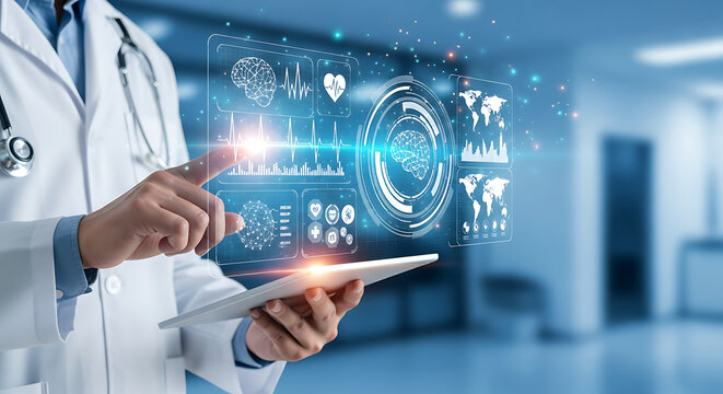 Doctor using a tablet to interact with a futuristic holographic medical interface displaying brain scans and vital signs.