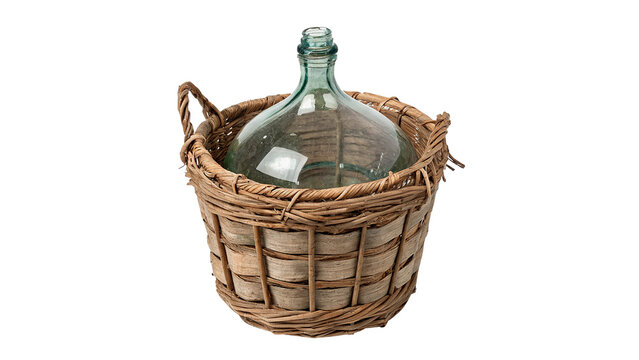 Empty wicker basket bottle jar for wine isolated on transparent background