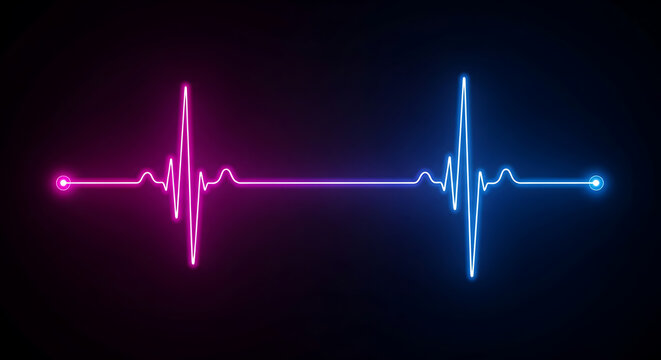 A vibrant neon electrocardiogram line pulses with pink and blue light against a dark background.