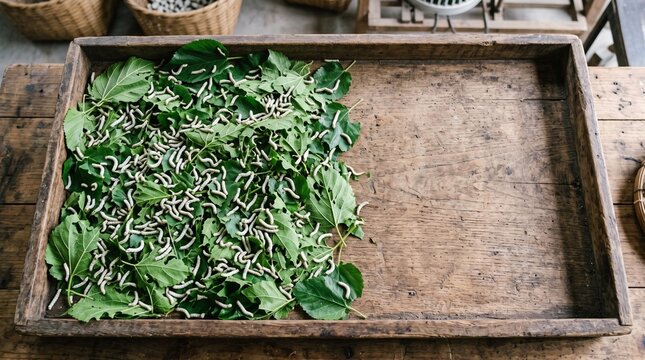 Fresh silkworm larvae feeding on mulberry leaves. Close-up of live silkworm caterpillars eating green foliage in bamboo tray.