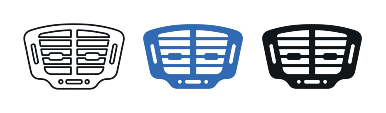 Three distinct car air vent icons are presented in a row, featuring outline, solid blue, and solid black styles on a clean white background