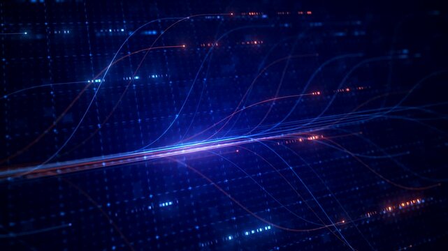 Blue and red light streak in shallow focus. Financial transaction processing and real time payment network