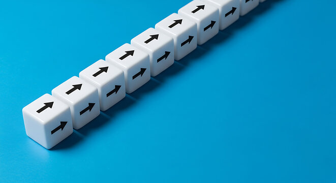 A line of white cubes with black arrows pointing upwards on a vibrant blue background, symbolizing progress and direction.