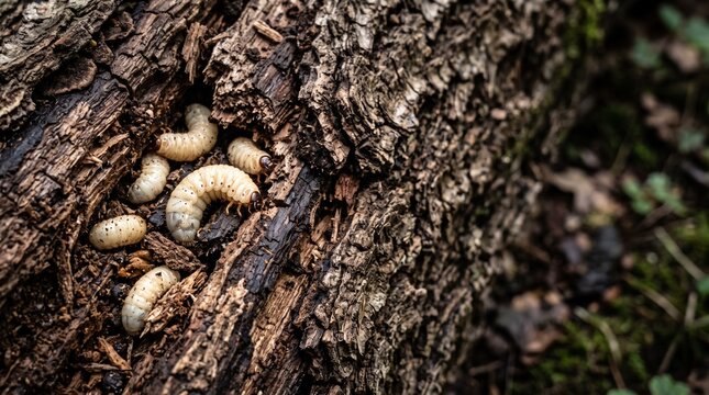 Beetle grubs infesting rotting tree log. Wood-boring larvae feeding inside decaying timber.