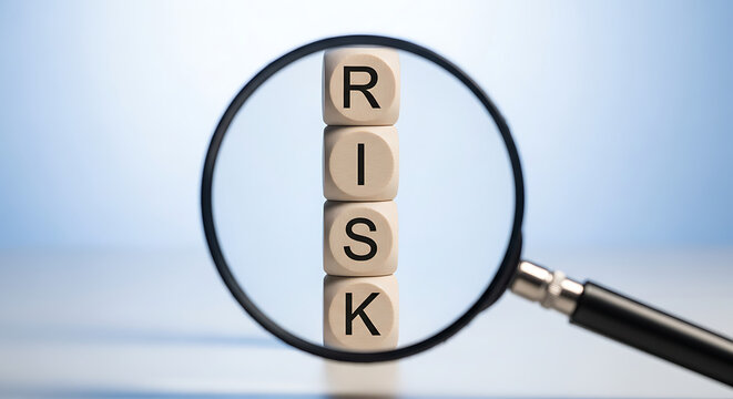 Magnifying glass focused on wooden blocks spelling out the word RISK, symbolizing risk assessment and analysis.