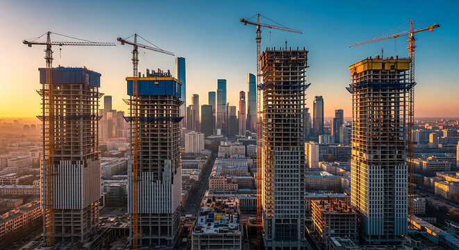 Four skyscrapers under construction with cranes against a backdrop of a city skyline at sunset.