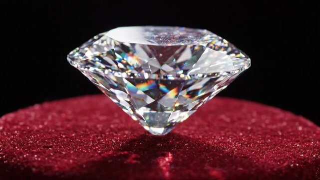 Brilliant diamond gemstone glistens under bright light on a red velvet surface, showcasing its facets and reflections in a darkened setting