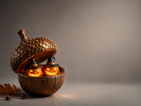 Halloween miniature pumpkins wearing witch hats in acorn with halloween miniature seasonal decoration artistic celebration creative