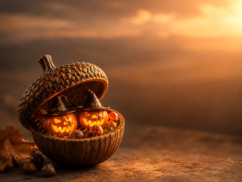 Miniature halloween pumpkins with witch hats inside giant acorn halloween miniature seasonal decoration celebration artistic