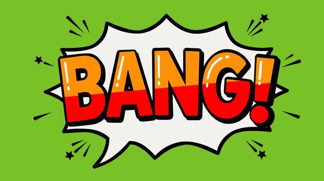 Animated comic style Bang text with a dynamic speech burst on a green screen background