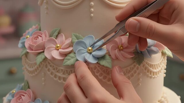 Close-up of a baker's hands decorating a multi-tiered pastel cake with piping bag and pink frosting, creating intricate designs.