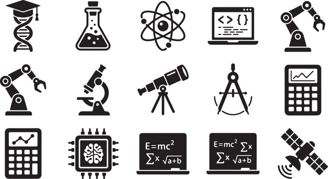 Science education icons set including dna, atom, microscope and robot