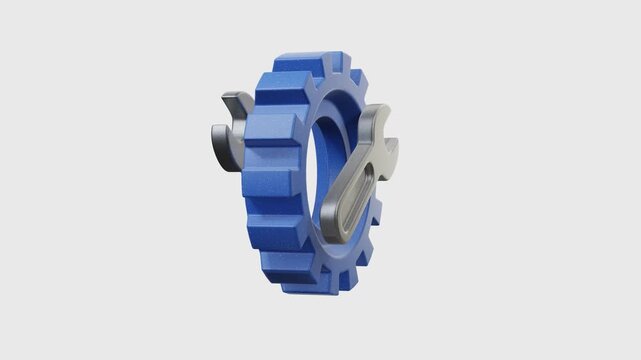 3D render of blue gear cog with gray wrenches crossing inside, isolated on transparent background, alpha channel. Ideal for settings, maintenance, engineering, repair services. Looped animation