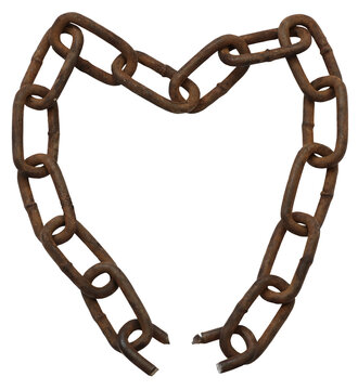 rusted metal chain arranged in the shape of a heart, with one link broken at the bottom, isolated on transparent background