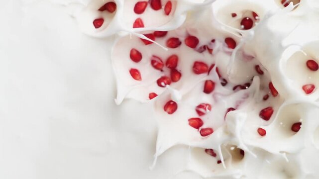 Fresh pomegranate seeds falling into white cream background