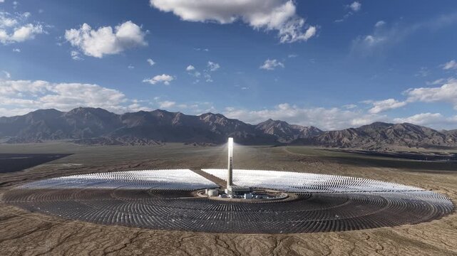 Aerial View of Concentrated Solar Power Tower Plant Reflecting Sunlight with Snowy Mountains in Qinghai, China