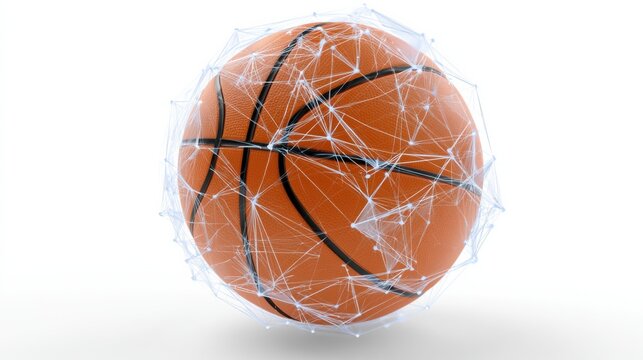 A basketball surrounded by a glowing network of interconnected lines, suggesting connectivity and technology