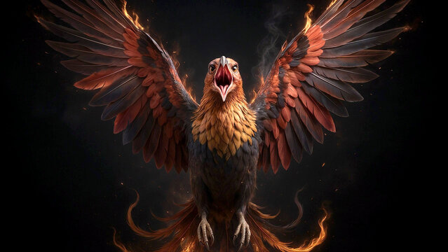 Majestic fire bird spreading flaming wings against dark background representing power strength