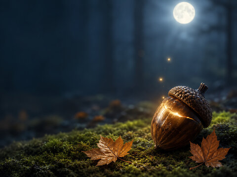 Glowing acorn resting on mossy forest floor at night under full moon with fallen autumn leaves moonlight mystical seasonal outdoors
