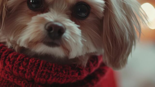 Small dog in warm red scarf looking at camera