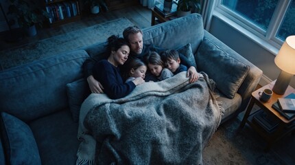 Obraz premium A family of five enjoys a gentle evening together, nestled under a warm blanket on a comfortable sofa. Soft lighting creates a peaceful atmosphere as they bond closely.