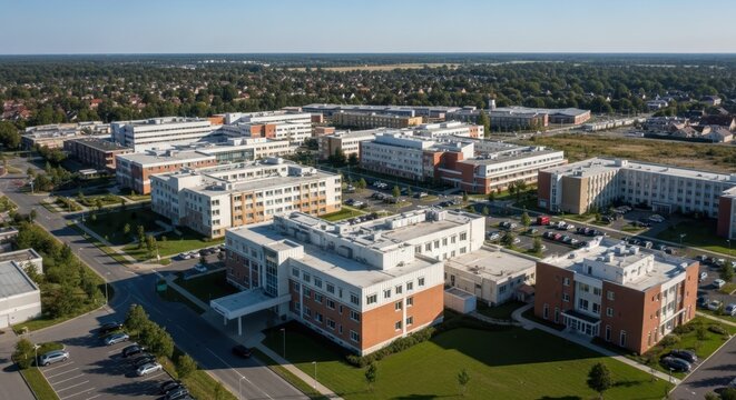 Expansive medical campus with modern architecture under a clear sky, showcasing advanced healthcare facilities and academic buildings.