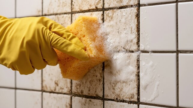 A gloved hand cleaning dirty tiles with a sponge and soap in a bathroom