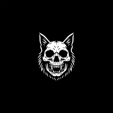 Cat skull head with sharp fangs white vector silhouette on black background