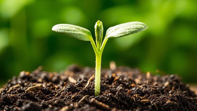 Close-up of seedling growth in soil, close-up of young shoots breaking through the soil