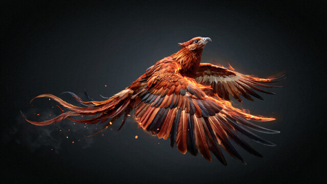 Majestic mythical bird soaring through dark void surrounded by flickering golden flames with background while emanating legendary avian creature