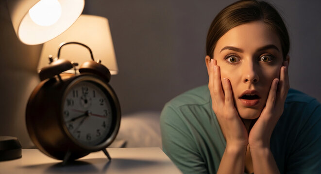 Woman with startled expression, hands on cheeks, beside an alarm clock, symbolizing shock, surprise, or anxiety.