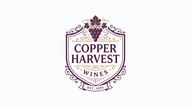Copper Harvest Wines vintage logo Victorian Wine Society, Sophisticated typography, a single grape cluster icon, and restrained botanical details create a timeless brand that embodies elegance