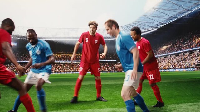 Soccer players in red and blue jerseys dribbling for ball possession on pitch, match action and footwork for intense attack, opponents defending goal net.