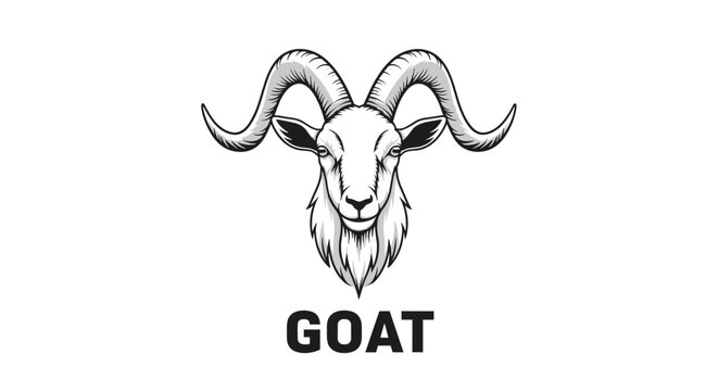 Detailed black and white engraving of a goat head with impressive curved horns and a beard isolated on a white background for rustic animal art.
