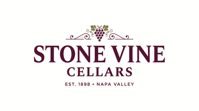 Stone Vine Cellars vintage logo Old World Vineyard Estate , The design combines elegant custom serif typography with a single grapevine emblem