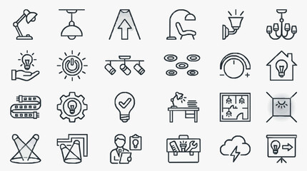 Fototapeta premium Industrial Minimalist Line Icons Set Featuring Various Lighting Fixtures Electrical Symbols and Office Equipment in Monochrome