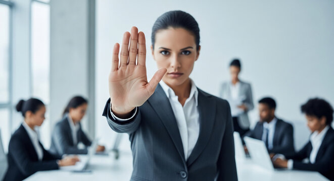 Woman in suit holding hand up, signaling stop, representing assertiveness and boundary setting in a business meeting, symbolizing confidence and control