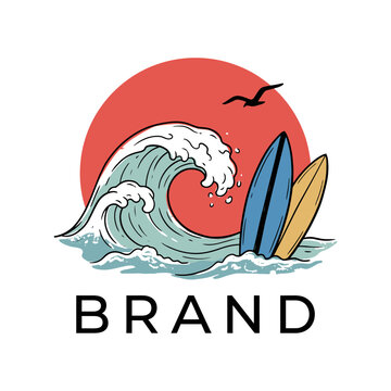 Vintage surf brand logo with wave and surfboards