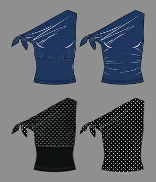 Navy One Shoulder Draped Top Fashion Flat Sketch Technical Drawing Vector