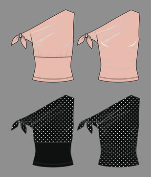 Pink One Shoulder Draped Top Fashion Flat Sketch Technical Drawing Vector
