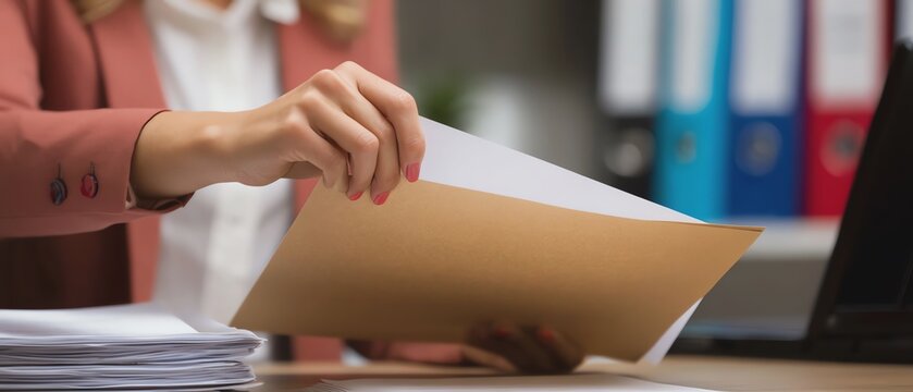 Organizing documents on a work desk.