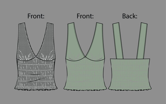 Sage Green V Neck Bustier Corset Top Ruffle Hem Fashion Flat Sketch Vector